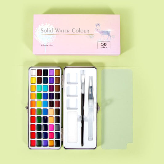 Set of 50 Solid Watercolor Paints in Metal Pearlescent Iron Box